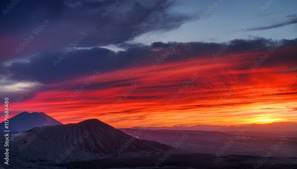 Fiery sunset over volcanic landscape. Dramatic colors paint the sky. Fiery sunset over volcanic landscape. Dramatic colors paint the sky.