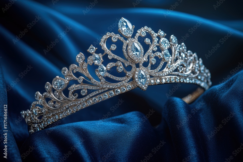 Luxurious diamond tiara on deep blue velvet Luxurious diamond tiara on deep blue velvet