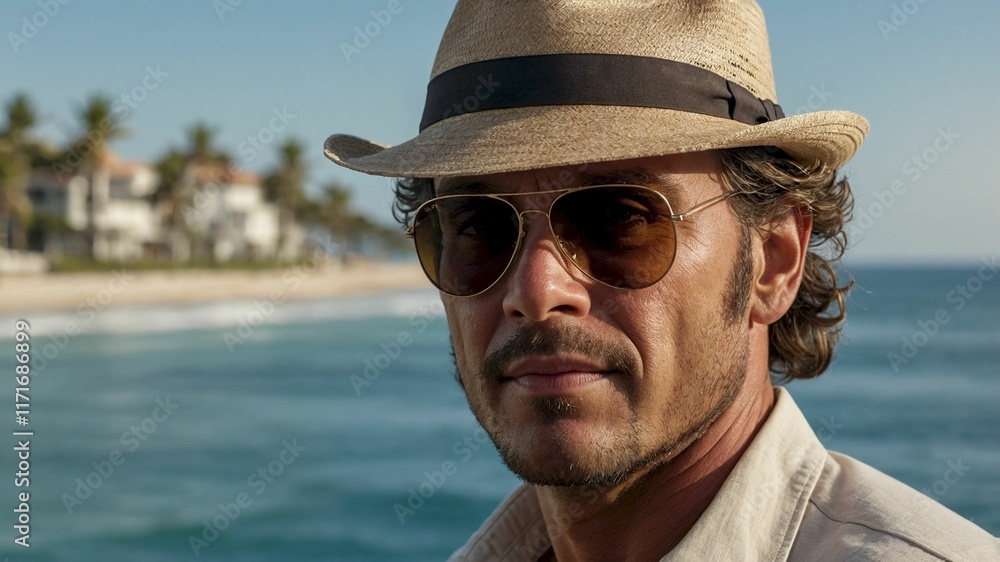 Stylish Man in Sunglasses on a Sunny Beach – Ideal for Vacation Advertisement or Lifestyle Photography Stylish Man in Sunglasses on a Sunny Beach – Ideal for Vacation Advertisement or Lifestyle Photography