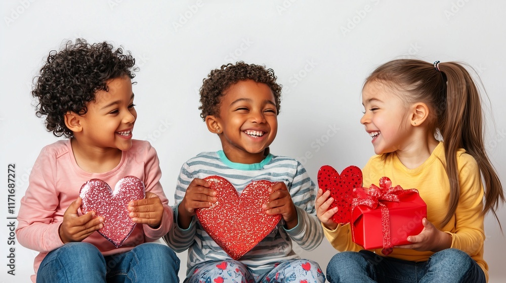 Children seated together, exchanging glittery Valentine gifts, happy faces, plain white backdrop Children seated together, exchanging glittery Valentine gifts, happy faces, plain white backdrop