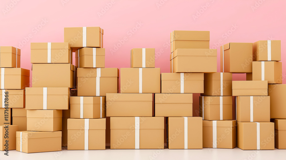 Stacked cardboard boxes arranged against a solid pink background in a storage space Stacked cardboard boxes arranged against a solid pink background in a storage space