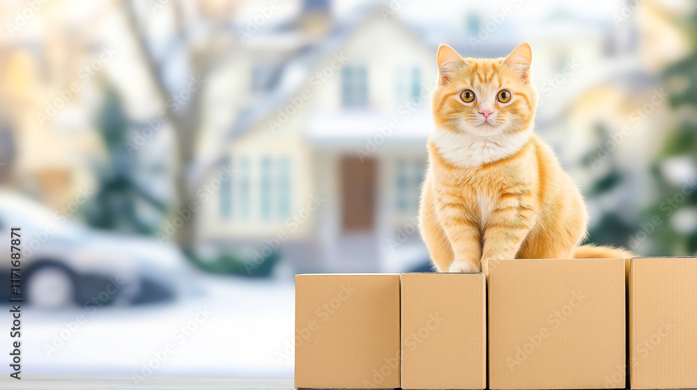 Orange cat sitting on cardboard boxes in a snowy neighborhood during winter Orange cat sitting on cardboard boxes in a snowy neighborhood during winter