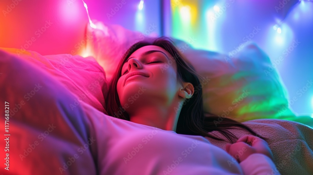 Woman sleeps peacefully, colorful lights glow. Woman sleeps peacefully, colorful lights glow.