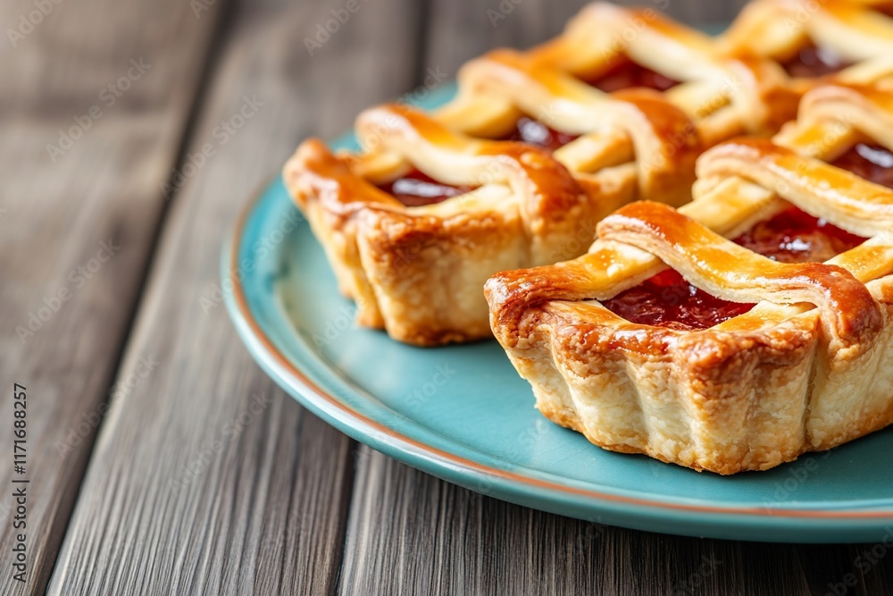 A plate of delicious fruit-filled pastries on a wooden surface. A plate of delicious fruit-filled pastries on a wooden surface.
