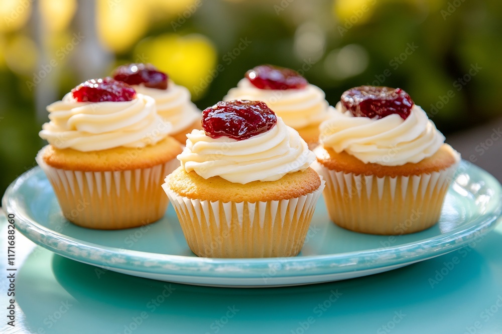 A plate of cupcakes topped with frosting and fruit preserves. A plate of cupcakes topped with frosting and fruit preserves.