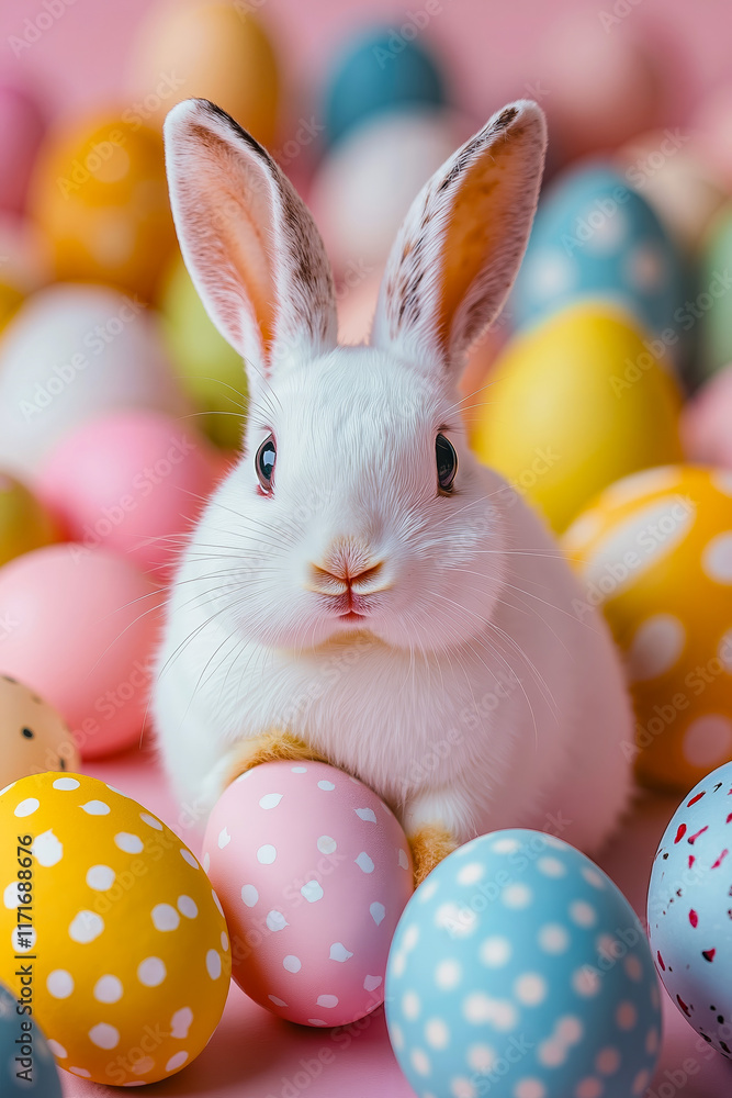 Obraz premium A white rabbit sitting in a pile of colorful easter eggs