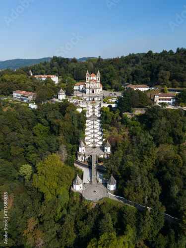 Sanctuary of Bom Jesus do Monte. Stairway and Church. Braga, Portugal. Aerial Drone Shot