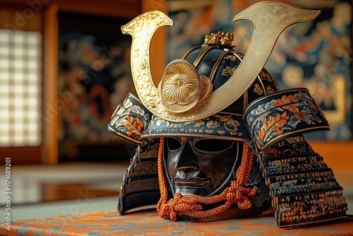 Ornate samurai kabuto displayed in a traditional setting