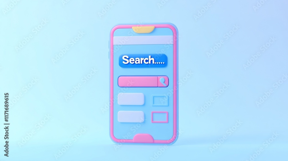 Pastel-colored smartphone displaying a search bar interface on a light blue background. Pastel-colored smartphone displaying a search bar interface on a light blue background.