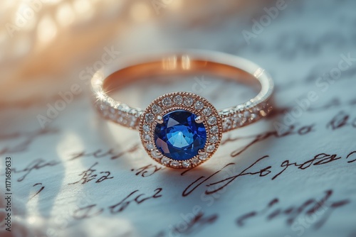 Blue sapphire ring with intricate diamond accents photo