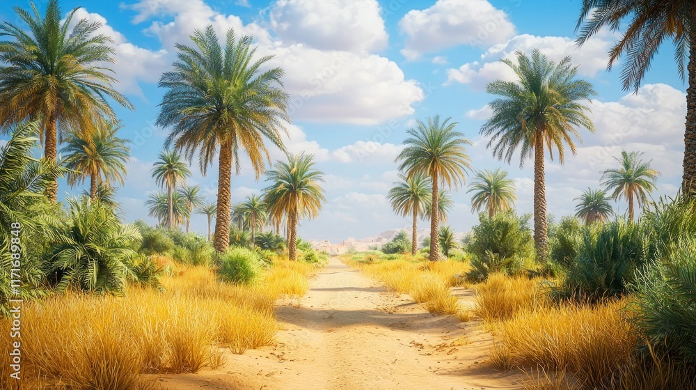 A serene desert landscape with palm trees and golden grass. A serene desert landscape with palm trees and golden grass.