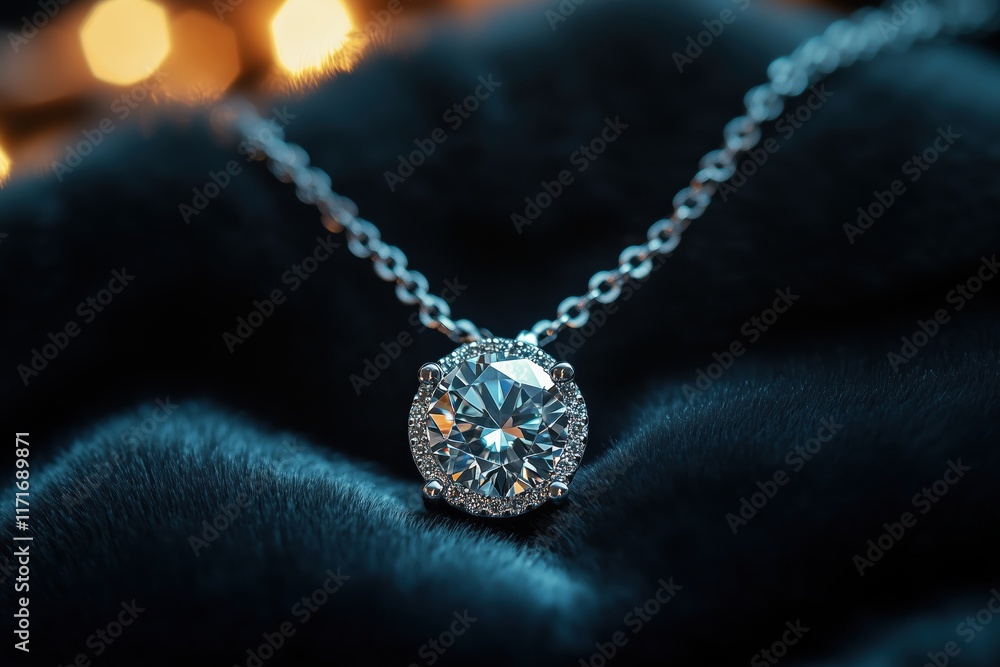 Diamond necklace glowing on a velvet background with soft lighting Diamond necklace glowing on a velvet background with soft lighting