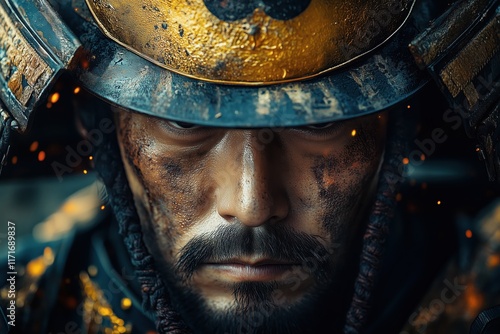 Close-up of a battle-worn samurai in traditional armor photo