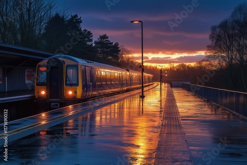 Evening train at a station reflecting the golden hour glow photo