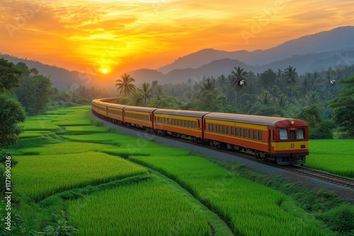 Sunset train journey through lush green fields photo