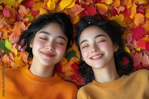 Two friends lying on vibrant autumn leaves smiling photo