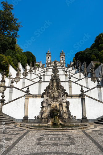 Sanctuary of Bom Jesus do Monte on Sunny Day. White Stairway and Church. Braga, Portugal
