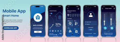 A sleek smart home application interface template featuring modern icons and a gradient design. Includes navigation menus for managing devices, monitoring security, controlling temperature