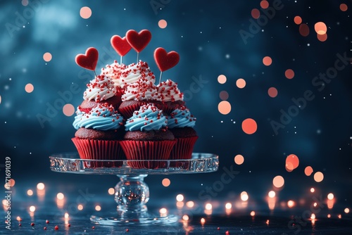 Heart-themed cupcakes with sprinkles on glass stand photo