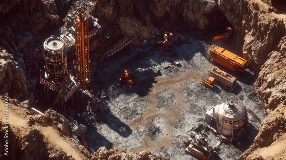 Fototapeta premium Aerial view of an open-pit mine with machinery and equipment.
