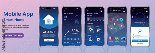 A sleek smart home application interface template featuring modern icons and a gradient design. Includes navigation menus for managing devices, monitoring security, controlling temperature