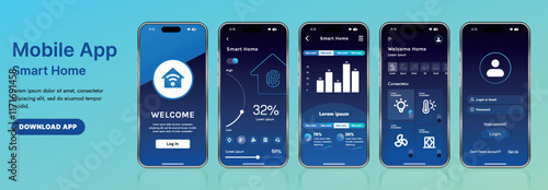 A sleek smart home application interface template featuring modern icons and a gradient design. Includes navigation menus for managing devices, monitoring security, controlling temperature