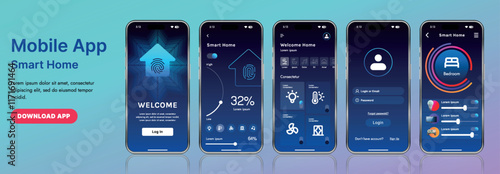 A sleek smart home application interface template featuring modern icons and a gradient design. Includes navigation menus for managing devices, monitoring security, controlling temperature