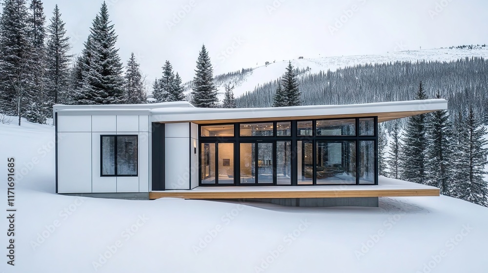 A minimalist, modern house in the snow, with large windows and sliding doors on two sides of an open deck that extends across all three walls.