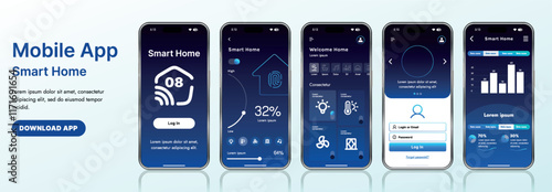 A sleek smart home application interface template featuring modern icons and a gradient design. Includes navigation menus for managing devices, monitoring security, controlling temperature