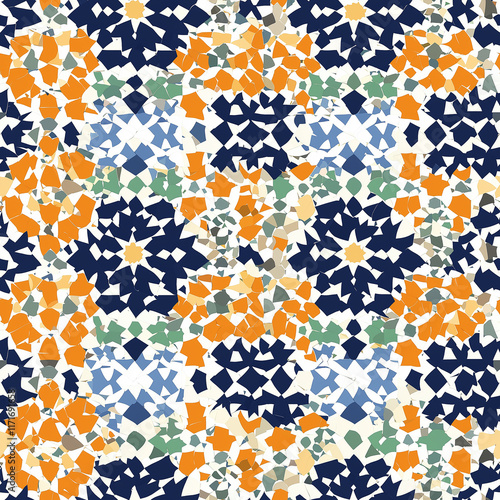 seamless pattern of Intricate moroccan zellige mosaic tilework patterns morocco islamic geometric designs vibrant colorful tessellations in artistic environment photo