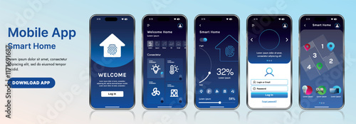 A sleek smart home application interface template featuring modern icons and a gradient design. Includes navigation menus for managing devices, monitoring security, controlling temperature