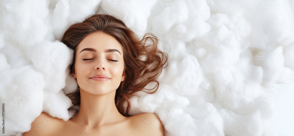 In a tranquil spa environment, a woman lies back, surrounded by soft white clouds, her eyes closed in relaxation. space for text, copyspace. In a tranquil spa environment, a woman lies back, surrounded by soft white clouds, her eyes closed in relaxation. space for text, copyspace.