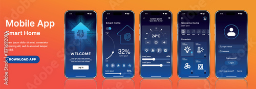 A sleek smart home application interface template featuring modern icons and a gradient design. Includes navigation menus for managing devices, monitoring security, controlling temperature