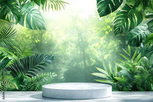 3d podium background product green nature sun lighting  in forest green plant, pedestal stone display product cosmetic podium mockup, dynamic mysterious forest studio backdrops photo