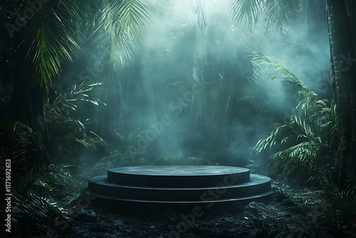 3d podium background product green nature forest green plant, pedestal black stone display product cosmetic podium mockup, dynamic mysterious darkness forest studio thick dew backdrops photo