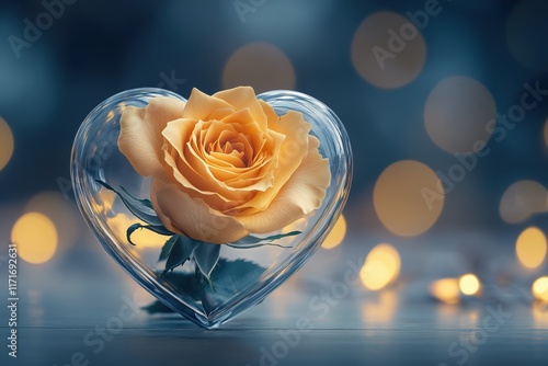 Yellow Rose in Glass Heart Dome with Warm Lights photo