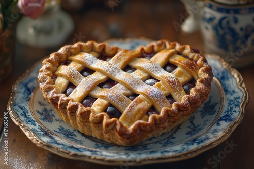 Heart-shaped lattice cherry pie on vintage plate photo