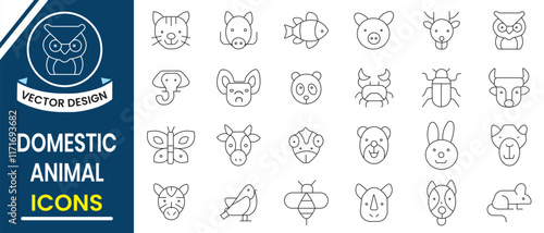 Domestic animals icon, vector set. Set of animal line icon, vector. Animal face icon. Vector illustration.