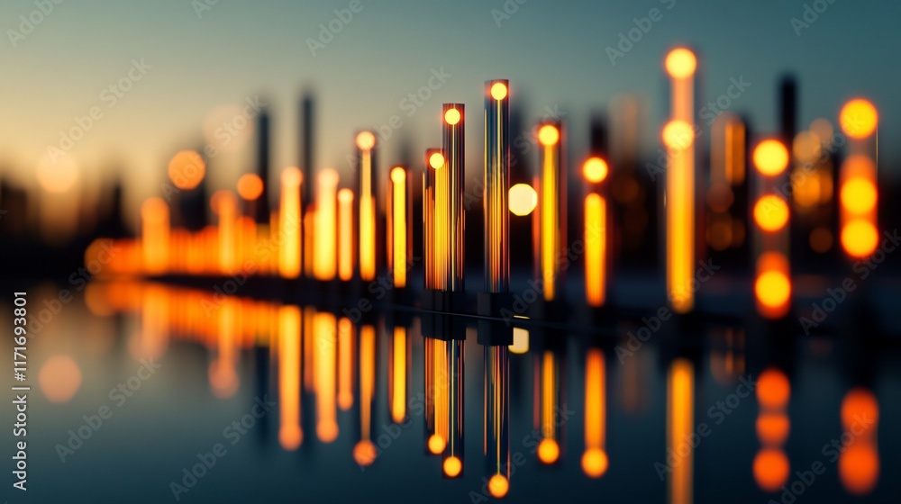 Illuminated cityscape reflected in still water at twilight. Illuminated cityscape reflected in still water at twilight.