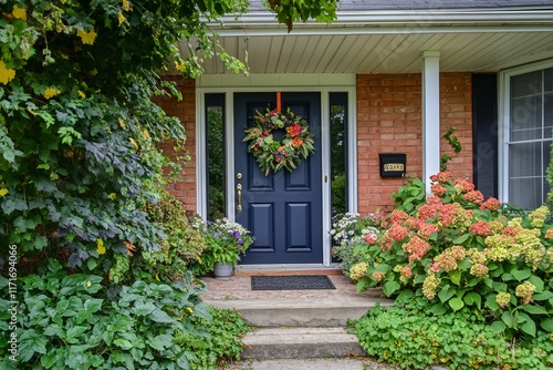 Charming autumnal home entrance with navy blue door, brick facade, lush greenery, and vibrant flower arrangements. photo