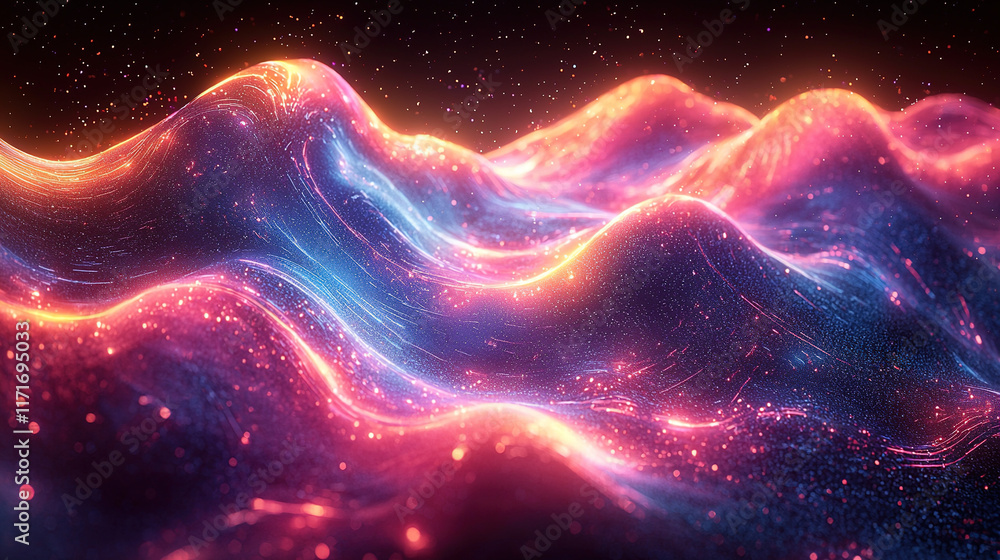 Obraz premium Abstract digital waveform design with neon blue, magenta, and green waves in motion, symbolizing energy, digital transformation, and the intersection of technology and nature in a futuristic style 