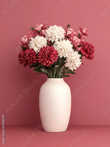 Wallpaper Mural Valentine's Day Elegant Bouquet of Pink and Red Dahlias and Roses in White Vase against Dusty Rose Background Torontodigital.ca