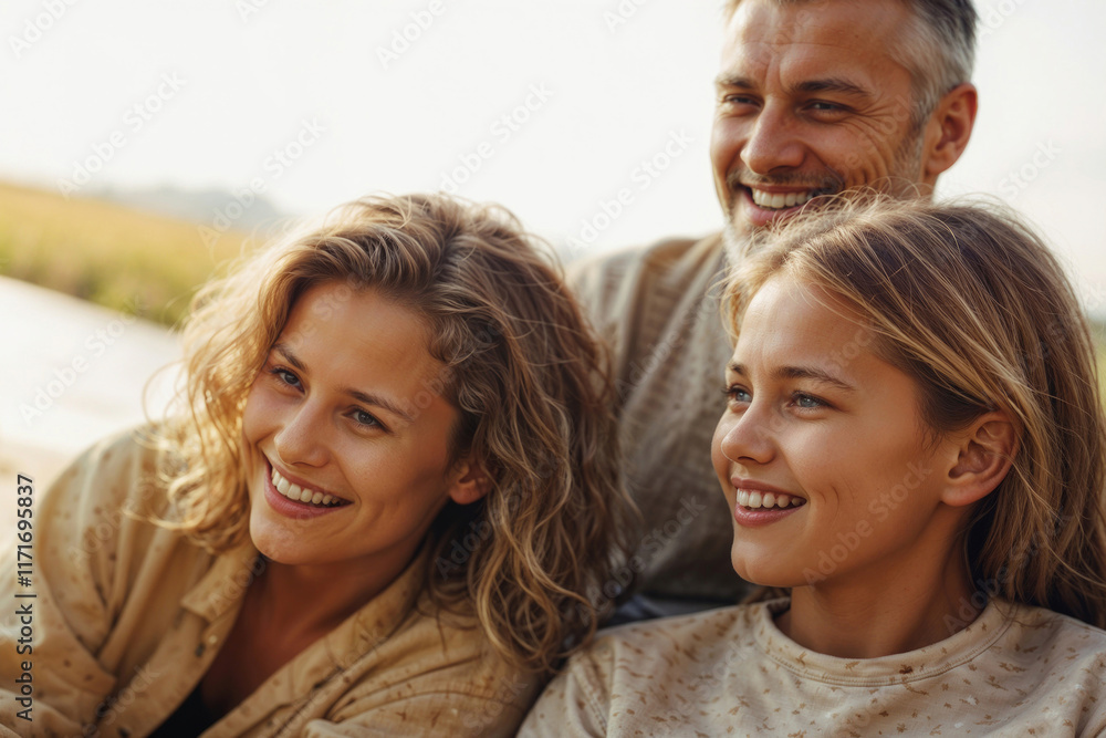A family of three, a man and two women, are sitting on the beach and smiling. Scene is happy and relaxed A family of three, a man and two women, are sitting on the beach and smiling. Scene is happy and relaxed