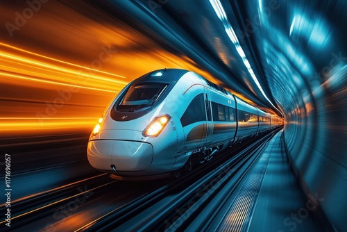 High-speed futuristic train in illuminated tunnel photo