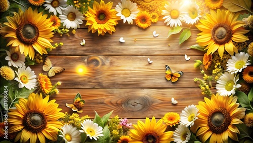 Floral harvest frame with blooming sunflowers and wildflowers on rustic wood, digital artwork 