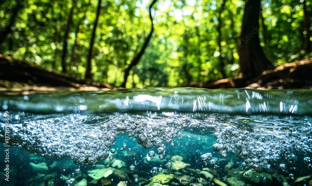 Fototapeta premium Bubbles rise in clear stream, lush green forest background.