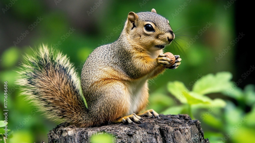 Adorable squirrel sitting on a tree stump, eating a nut in a lush green forest. Adorable squirrel sitting on a tree stump, eating a nut in a lush green forest.