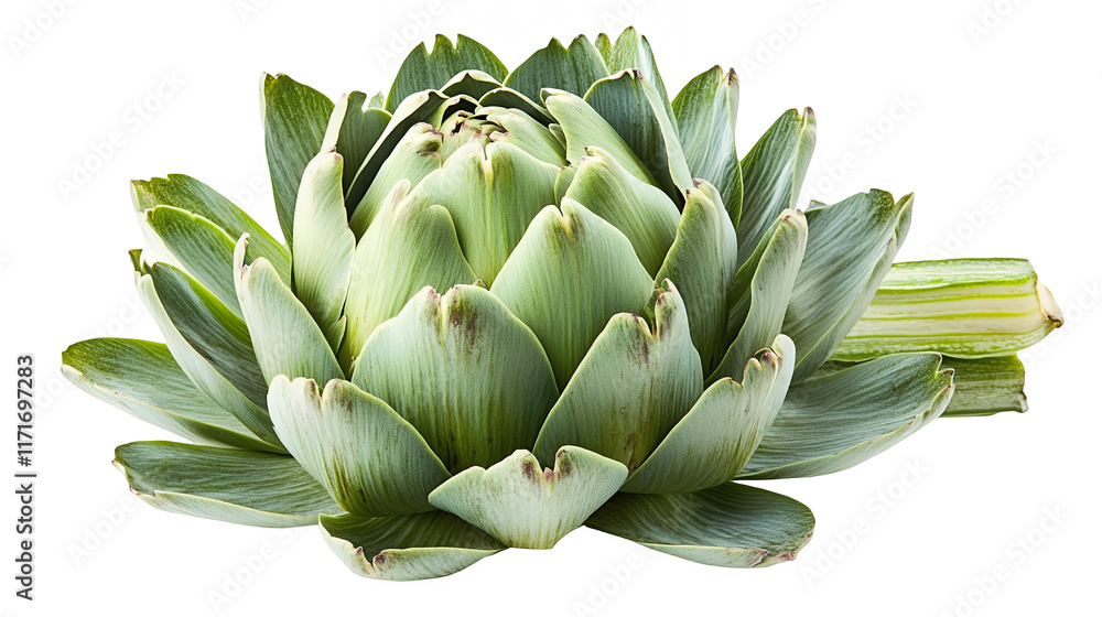 A whole artichoke with its layered leaves spread out isolated on a transparent background, PNG A whole artichoke with its layered leaves spread out isolated on a transparent background, PNG