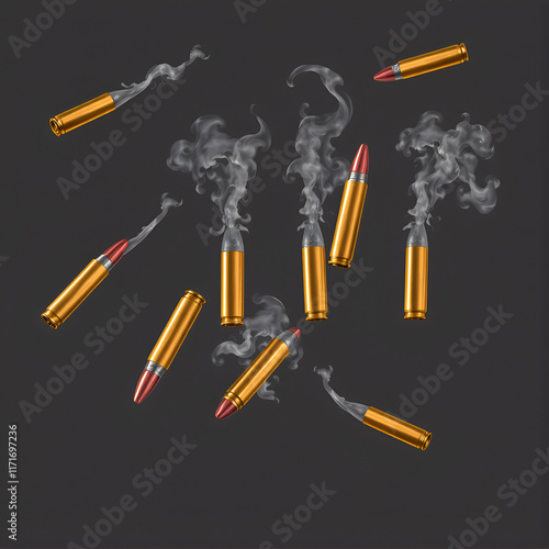 Flying bullets with smoke traces from gun shot. Vector realistic set of bullets different calibers fired from weapon, revolver or pistol with smoke trail isolated on transparent background photo