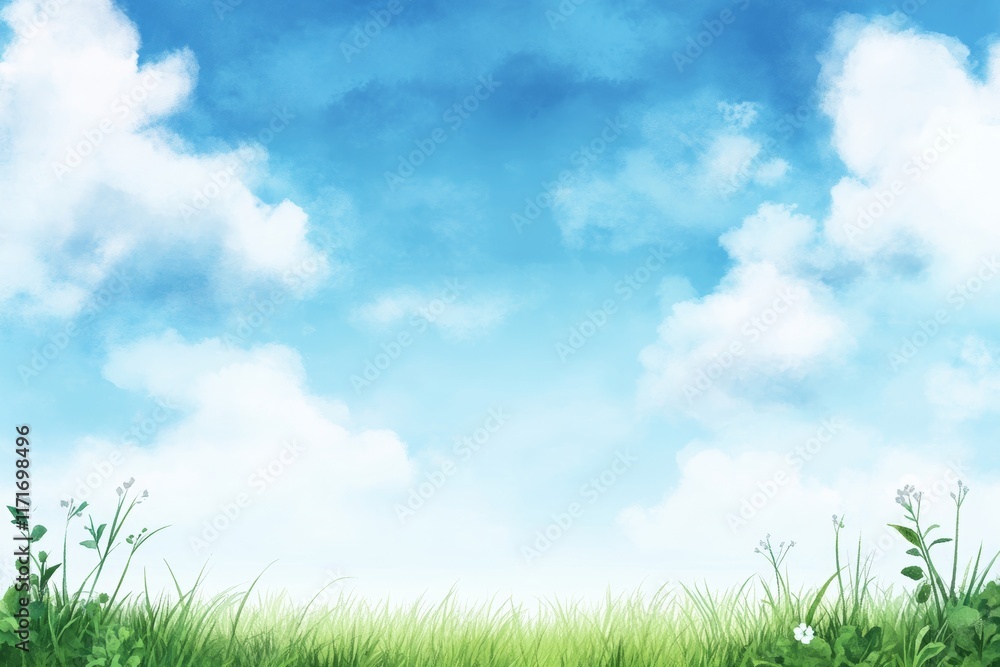 Blue sky with fluffy white clouds and a field of grass Blue sky with fluffy white clouds and a field of grass